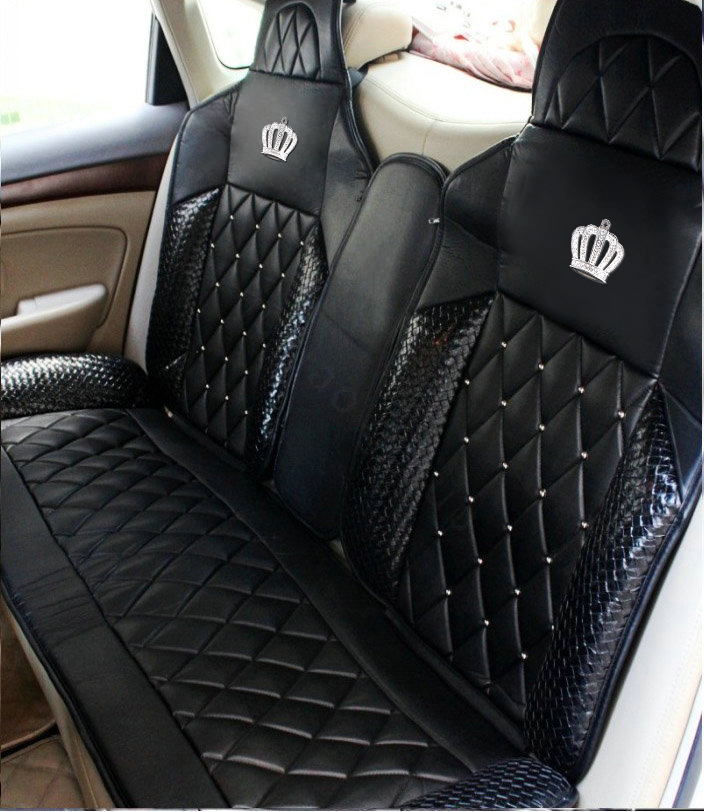 Luxury Crystal Crown Universal Automobile Leather Car Seat Cover Cushion 10pcs Sets - Black
