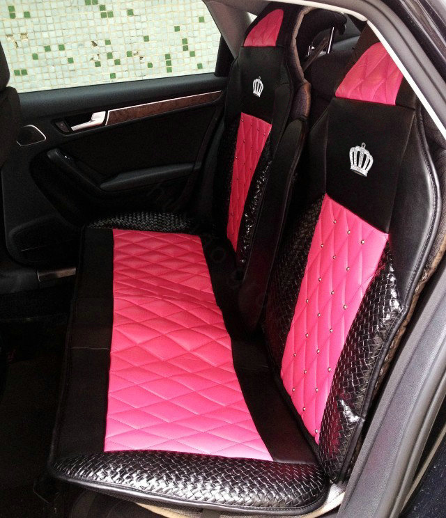 Luxury Crystal Crown Universal Automobile Leather Car Seat Cover Cushion 10pcs Sets - Rose