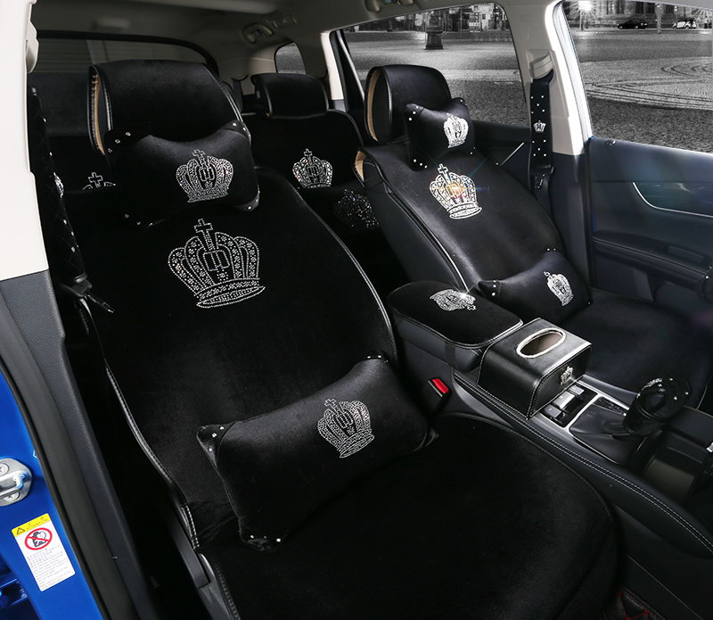 Luxury Crystals Plush Crown Car Seat Covers Gorgeous Universal Auto Seat Cushion 11pcs Sets - Black