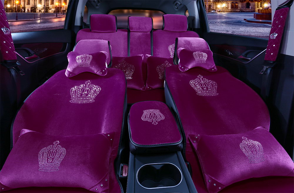 Luxury Crystals Plush Crown Car Seat Covers Gorgeous Universal Auto Seat Cushion 11pcs Sets - Purple