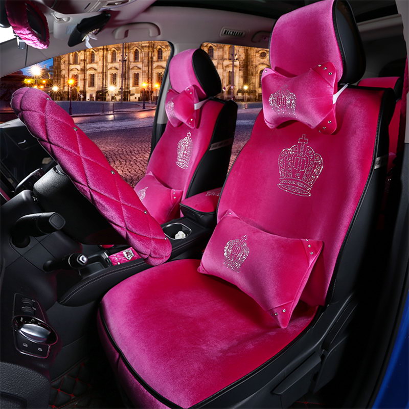 Luxury Crystals Plush Crown Car Seat Covers Gorgeous Universal Auto Seat Cushion 11pcs Sets - Rose