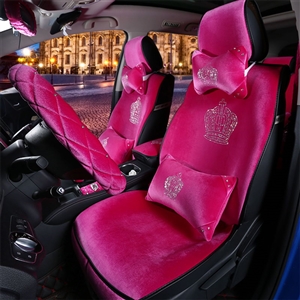 Luxury Crystals Plush Crown Car Seat Covers Gorgeous Universal Auto Seat Cushion 11pcs Sets - Rose
