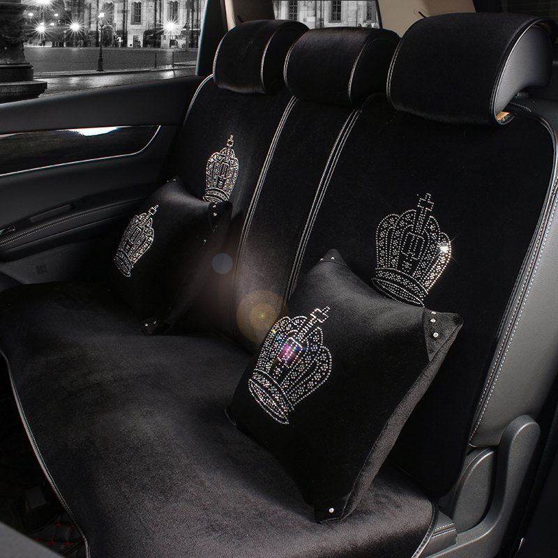 Luxury Crystals Plush Crown Car Seat Covers Gorgeous Universal Auto Seat Cushion 11pcs Sets - Black