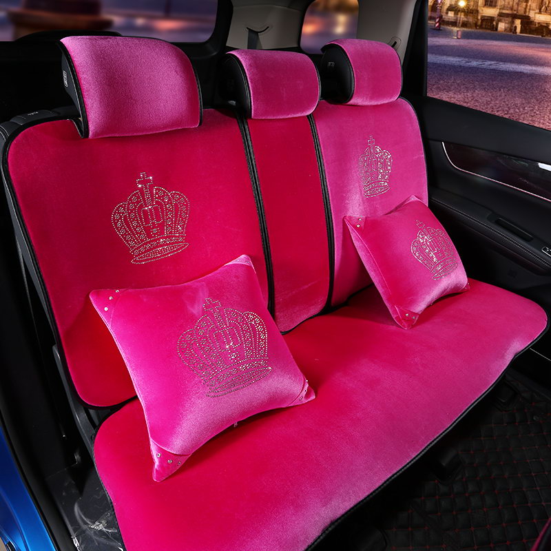 Luxury Crystals Plush Crown Car Seat Covers Gorgeous Universal Auto Seat Cushion 11pcs Sets - Rose