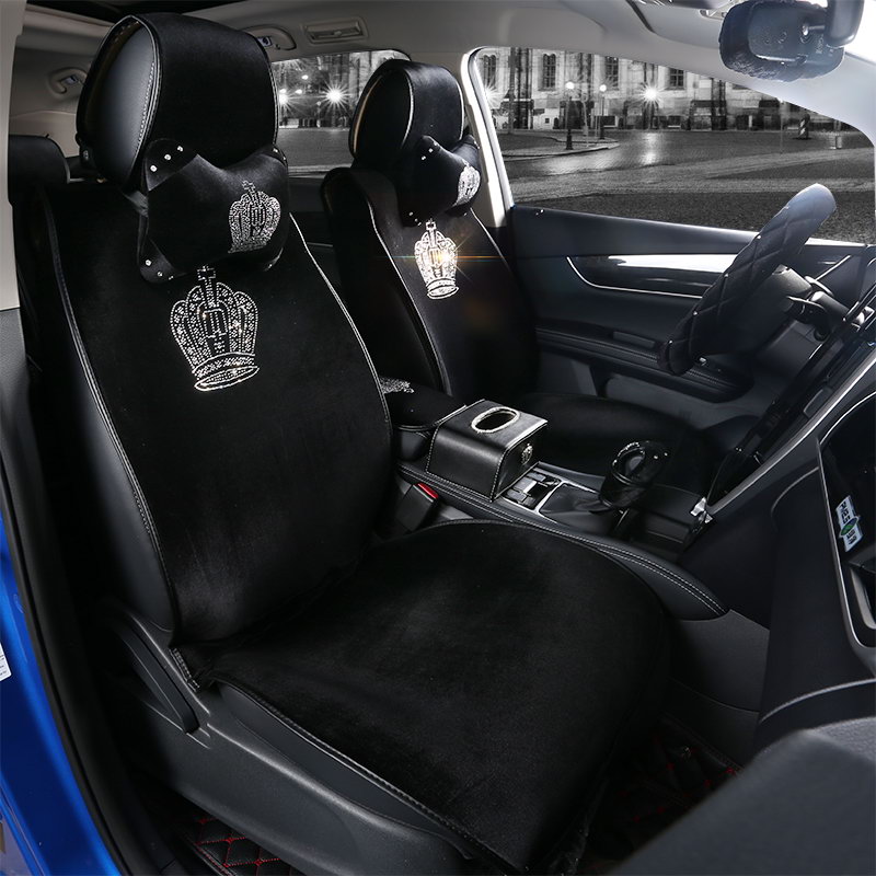 Luxury Crystals Plush Crown Car Seat Covers Gorgeous Universal Auto Seat Cushion 9pcs Sets - Black