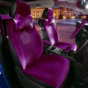 Luxury Crystals Plush Crown Car Seat Covers Gorgeous Universal Auto Seat Cushion 9pcs Sets - Purple