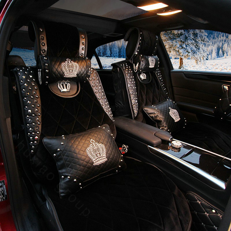 Luxury Crystals Plush Crown Car Seat Covers Punk Rivet Universal Auto Seat Cushion 6pcs Sets - Black