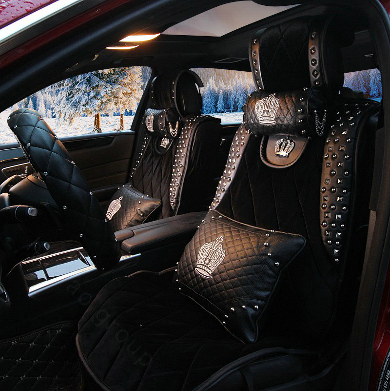 Luxury Crystals Plush Crown Car Seat Covers Punk Rivet Universal Auto Seat Cushion 6pcs Sets - Black