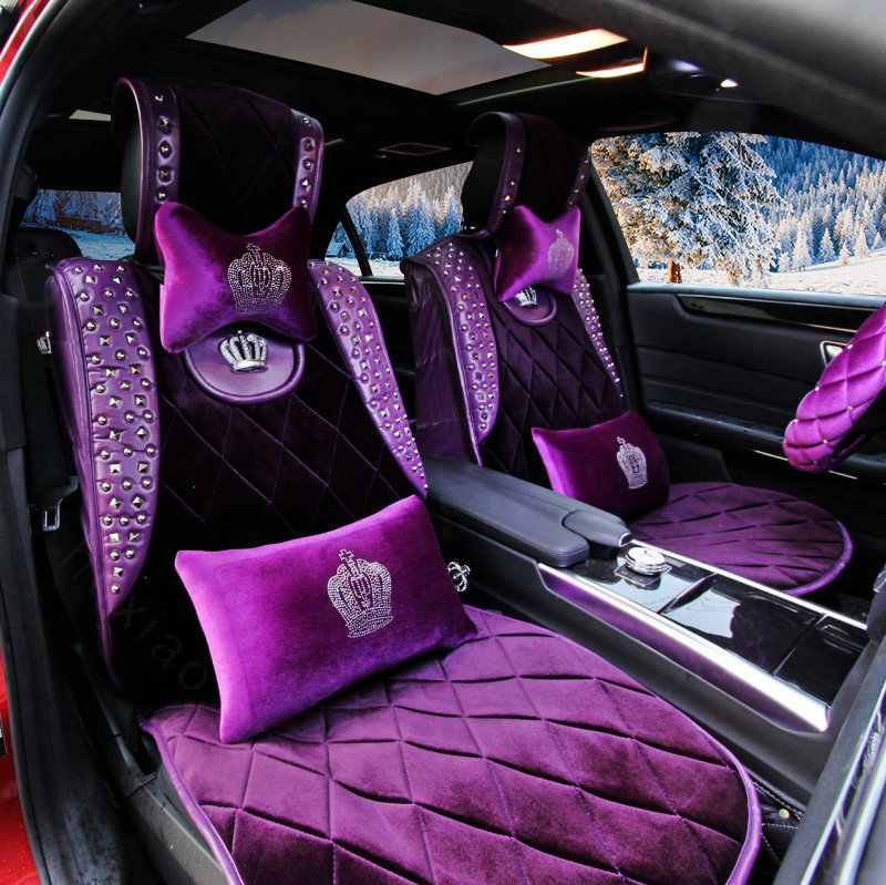 Luxury Crystals Plush Crown Car Seat Covers Punk Rivet Universal Auto Seat Cushion 6pcs Sets - Purple