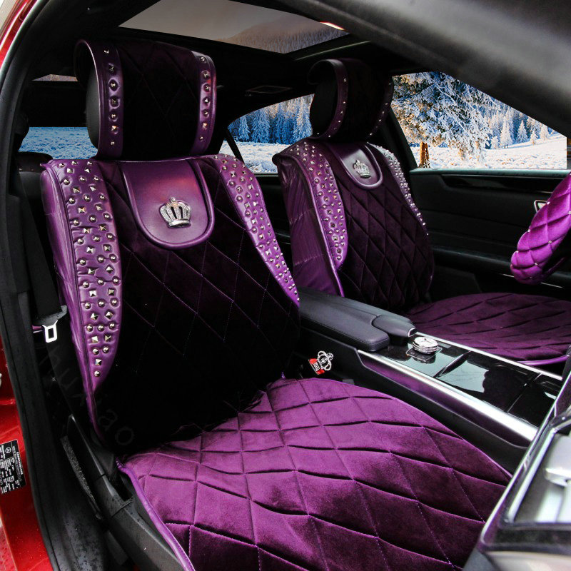 Luxury Crystals Plush Crown Car Seat Covers Punk Rivet Universal Auto Seat Cushion 6pcs Sets - Purple
