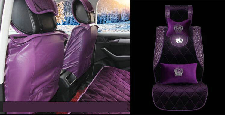 Luxury Crystals Plush Crown Car Seat Covers Punk Rivet Universal Auto Seat Cushion 6pcs Sets - Purple