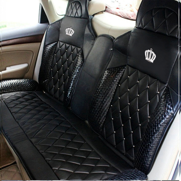 Luxury Diamond Crown Universal Automobile Leather Car Seat Cover Cushion 10pcs Sets - Black