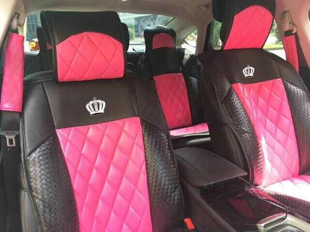Luxury Diamond Crown Universal Automobile Leather Car Seat Cover Cushion 10pcs Sets - Rose